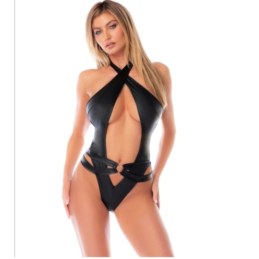 MAPALÉ Black Wet Look Cutout Halter Bodysuit Lingerie Style 2818 S/M